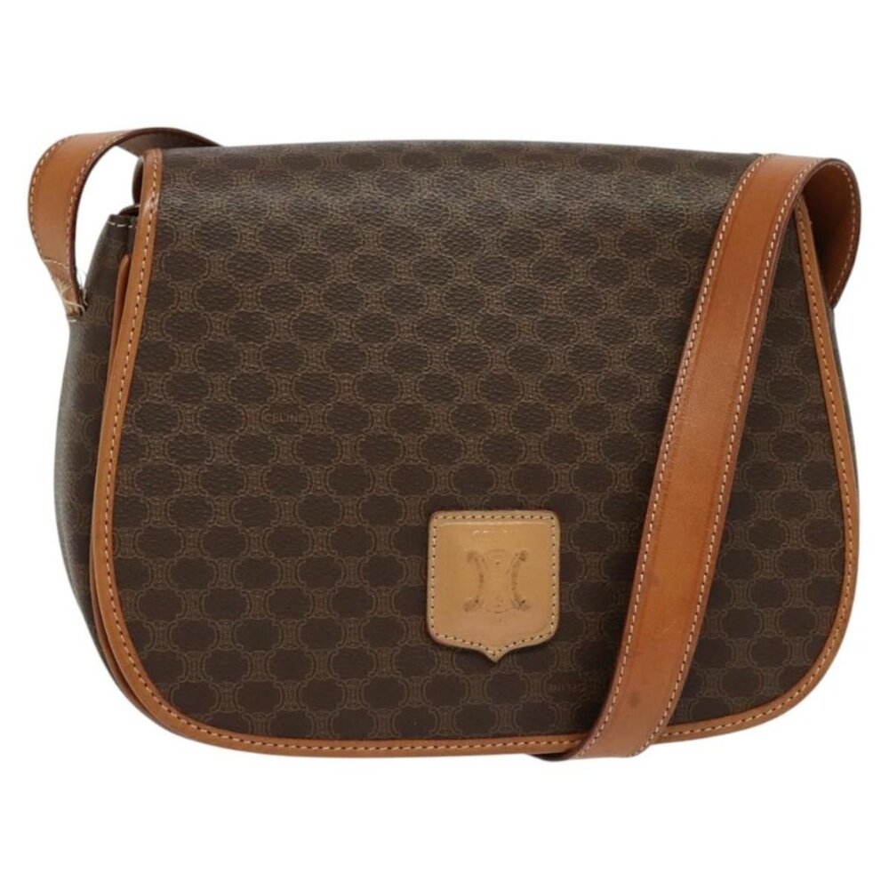 Authentic CELINE Macadam Canvas Shoulder Bag PVC Leather Brown Gold